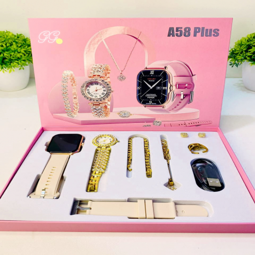 A58 Plus Smart Watch with Jewelry 8 in 1 Set for Women Perfect Birthday Gift, Anniversary Gift for your Wife, Friend and Sister 2.02 inch Big Screen Calling Smartwatch