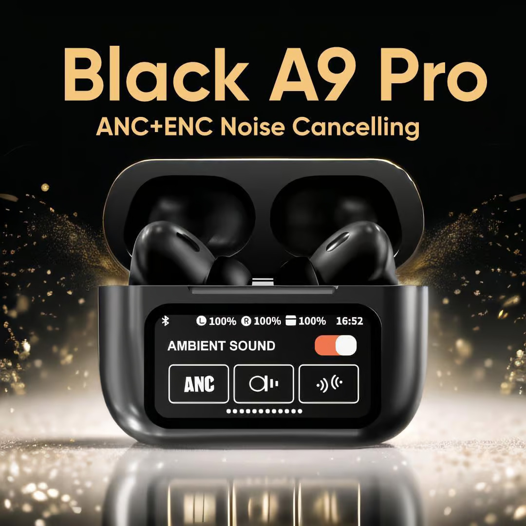 A9 Airpods Pro With Screen Display ANC / ENC Dobble Dark Touch Control Noise Reduction Bluetooth Headphone- Black