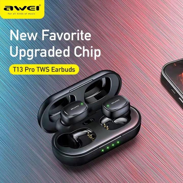 AWEI T13 Pro Bluetooth Earphones Wireless Waterproof Touch Earbuds Hifi Sound Quality TWS Earphone - Black