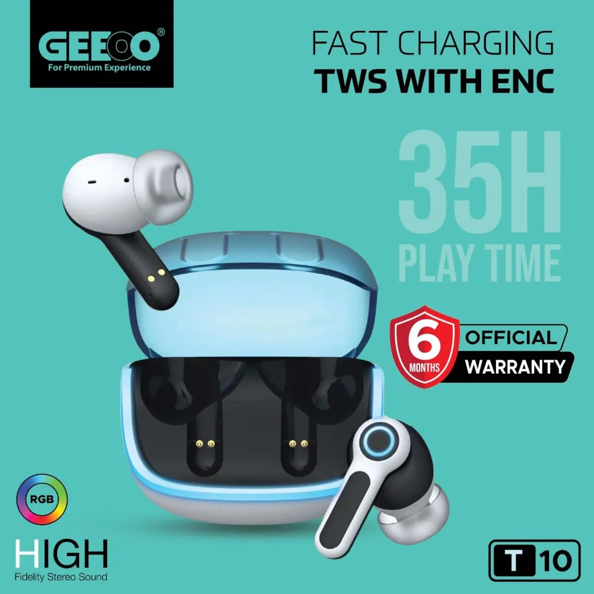 GEEOO T10 Fast Charging TWS With ENC Earbuds Play Time 35H
