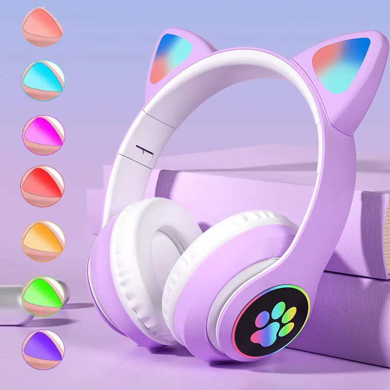CAT STN-28 Over Ear Music Headset Glowing Ear Headphones Foldable Wireless BT5.0 Earphone with Mic AUX IN TF Card MP3 Player Colorful LED Lights for PC Laptop Computer Mobile Phone