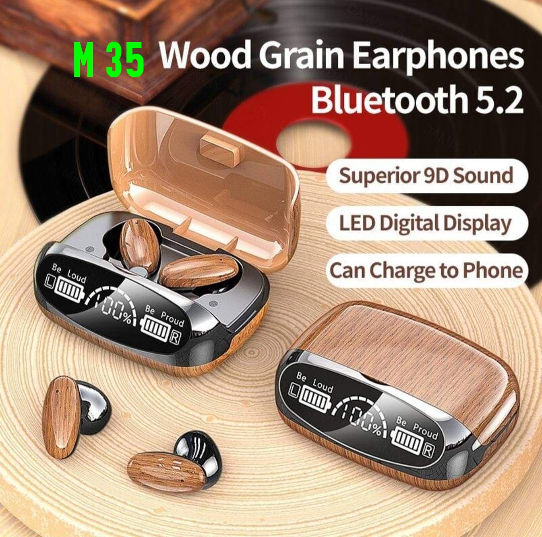 M35 Tws Wood Grain Bluetooth Earphone Led Display 9D Stereo Sound Music Headphone Wireless Earbuds Touch Control Sport Earphone With Mic